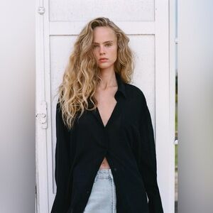 Zara Charcoal Black  100% Linen Button-Up Shirt Size M